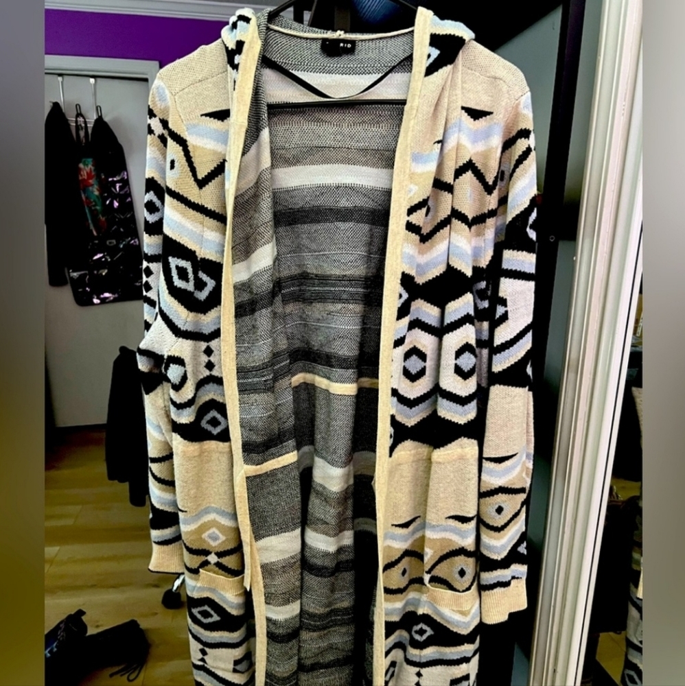 Aztec Cozy Long Cardigan with Hood Plus Size 2XL